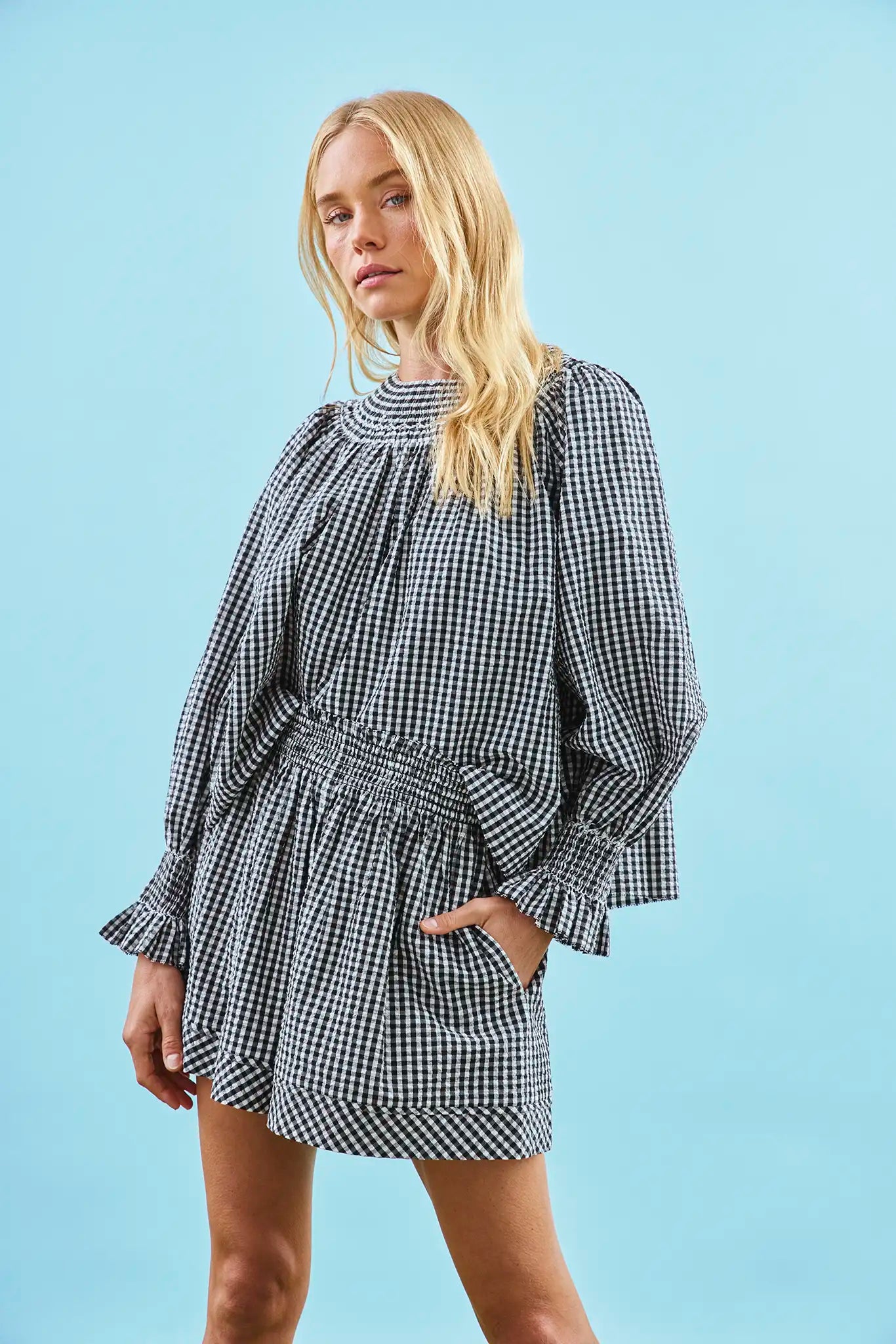The Hayes Blouse in Black and White Gingham paired with matching Jemma Shorts