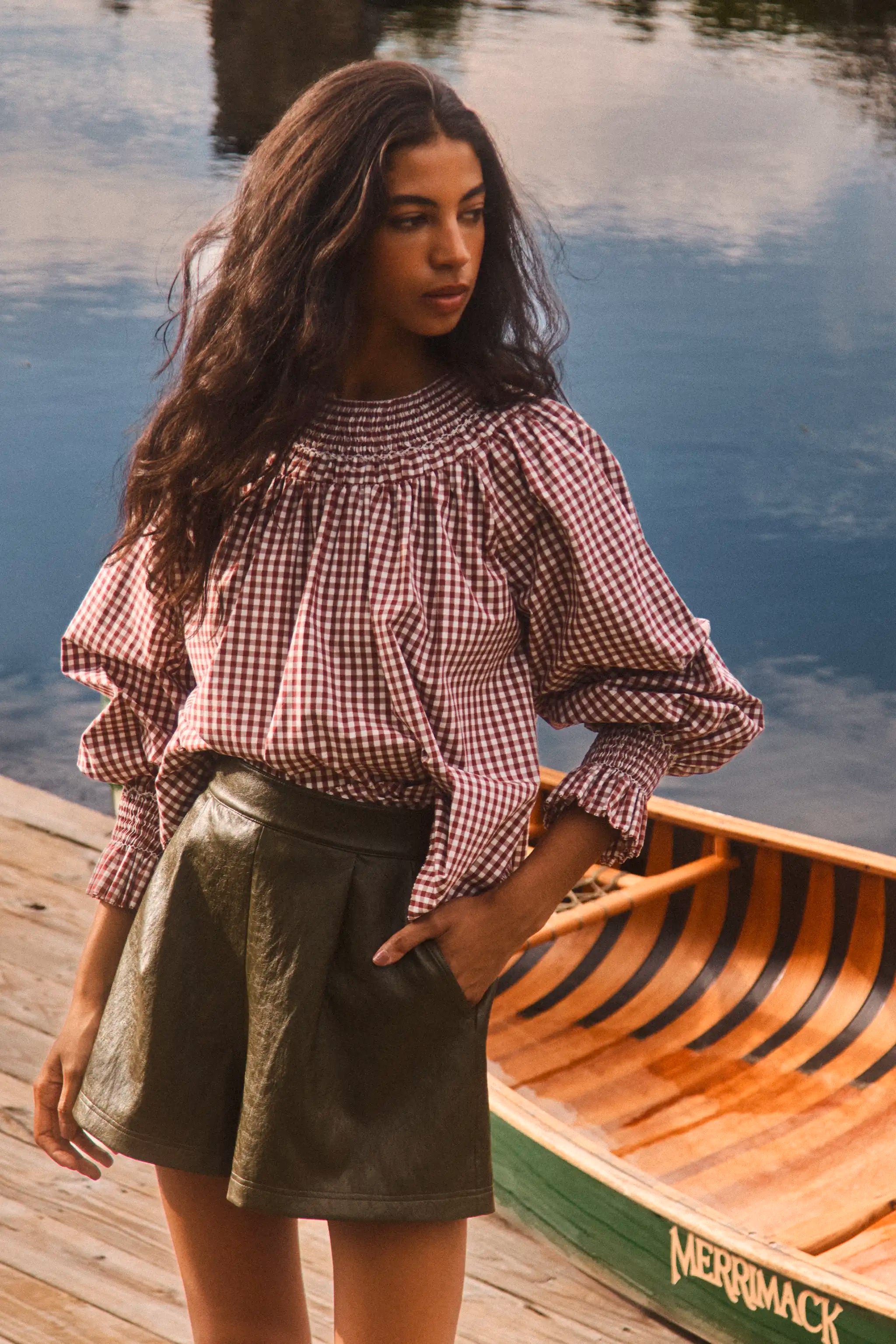 The Hayes Top in Cotswold Check Rust paired with Ashton Short in pine grove. 