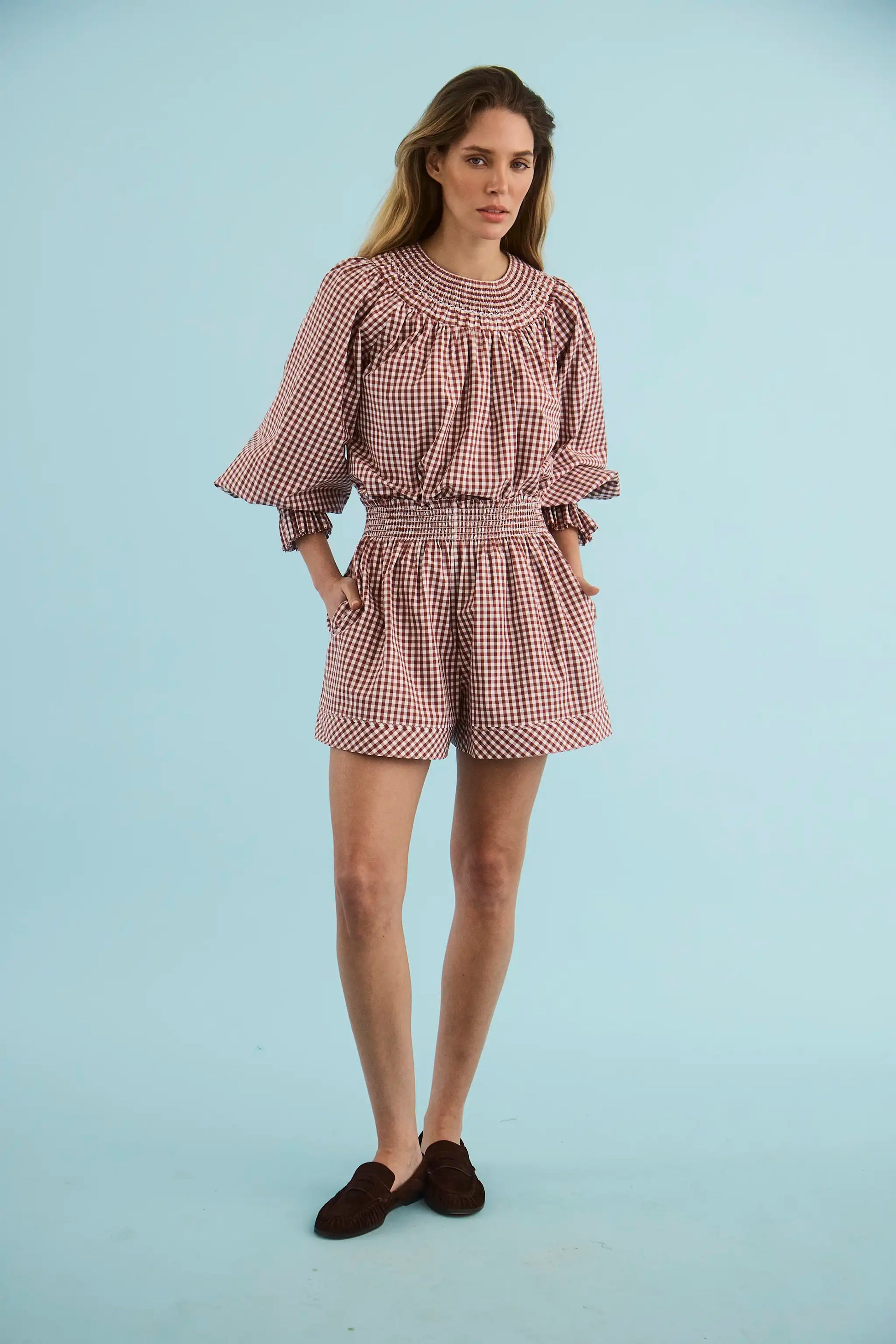 The Hayes Top in Cotswold Check Rust paired with matching Jemma Shorts.