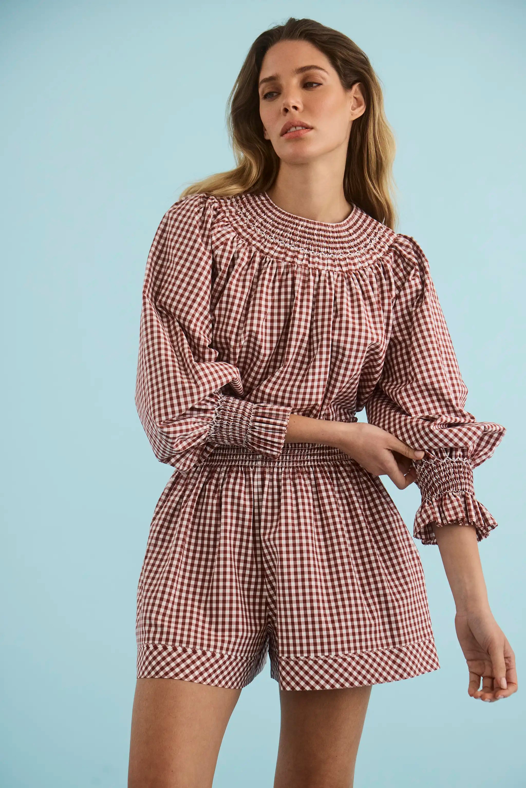 The Hayes Top in Cotswold Check Rust paired with matching Jemma Shorts.