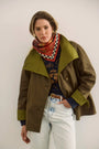 The Howell Cropped Trench paired with the Heritage Sweatshirt and Wray Pant in Washed Blue Denim.