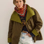 The Howell Cropped Trench paired with the Heritage Sweatshirt and Wray Pant in Washed Blue Denim.