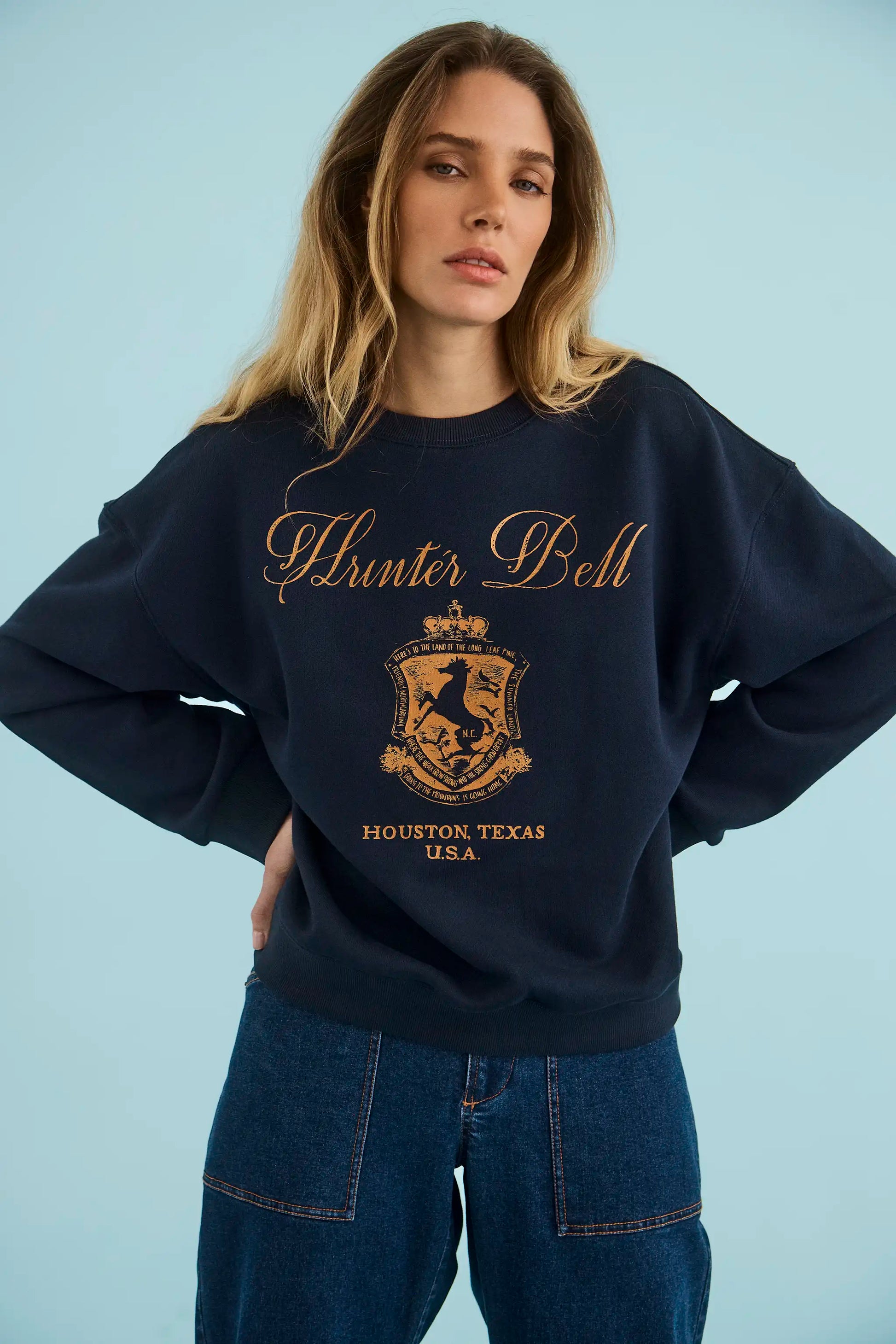 The Heritage Sweatshirt in Midnight Blue paired with Mallory Jeans in Blue Ridge Denim. 