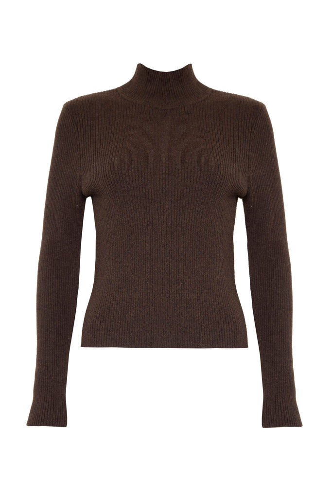 The Houghton Turtleneck is a fitted knit in a cocoa brown.