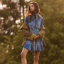The Howard Dress in Inkwell Paisley paired with the Howell Trench in Khaki Brown. 