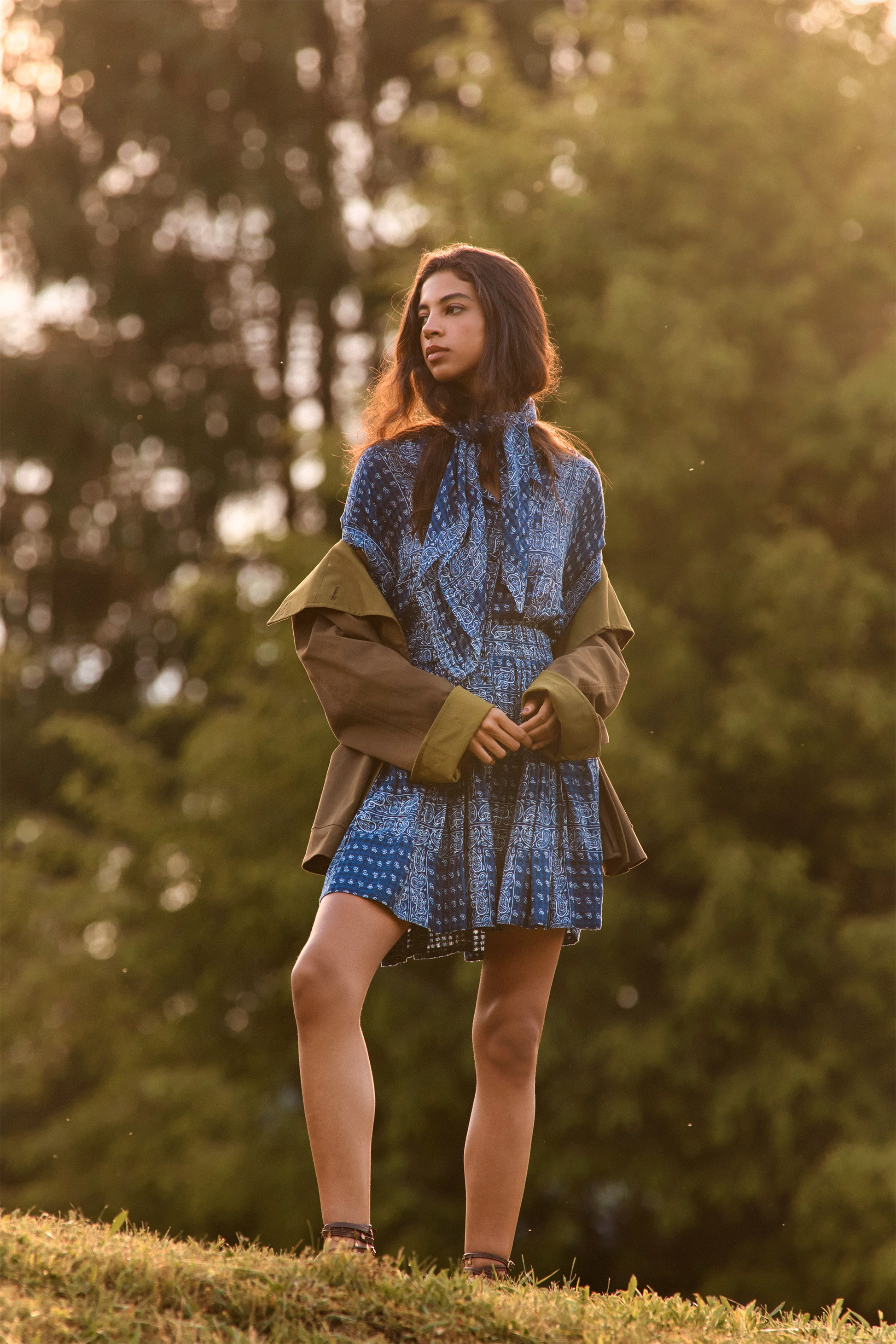 The Howard Dress in Inkwell Paisley paired with the Howell Trench in Khaki Brown. 