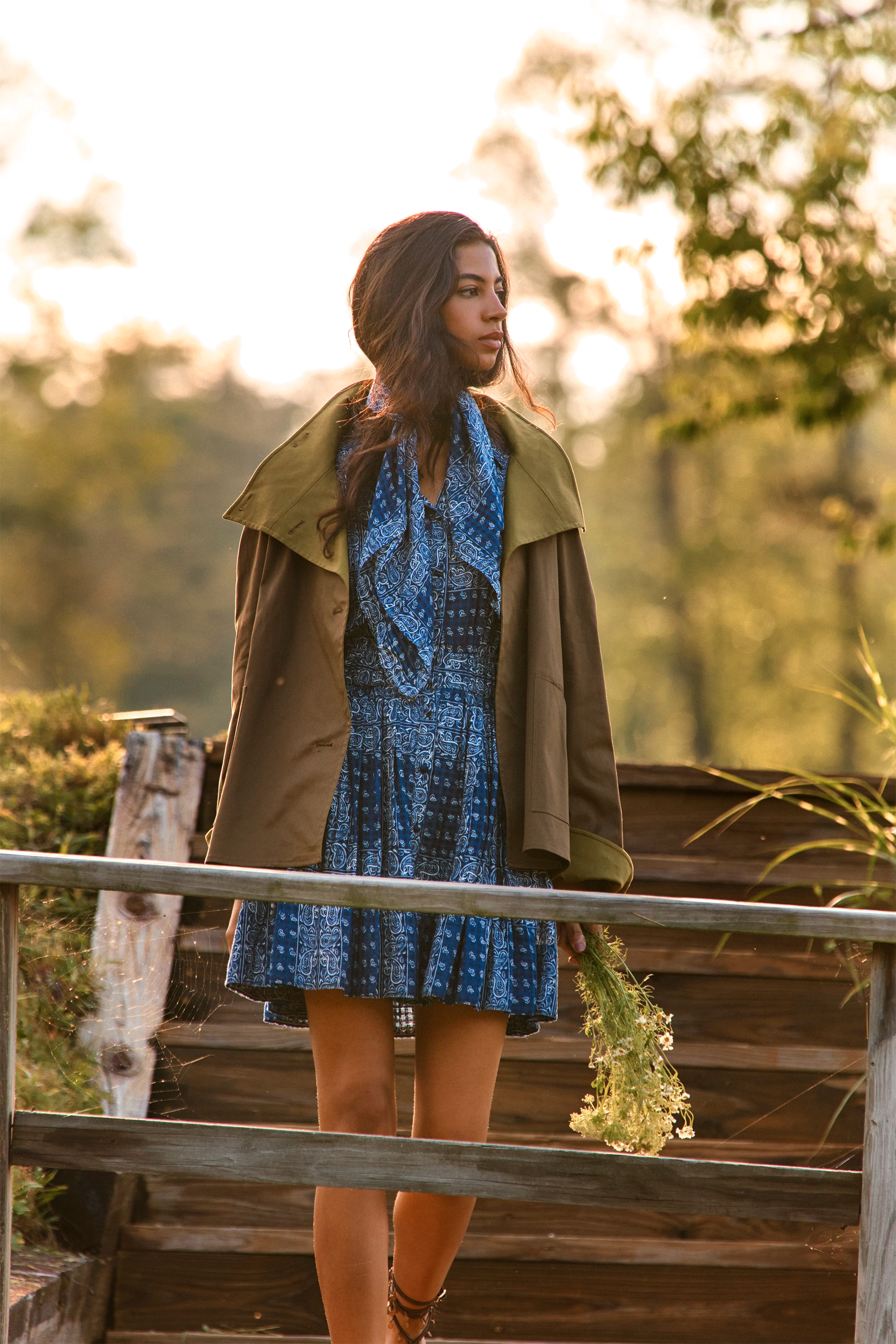 The Howard Dress in Inkwell Paisley paired with the Howell Trench in Khaki Brown. 