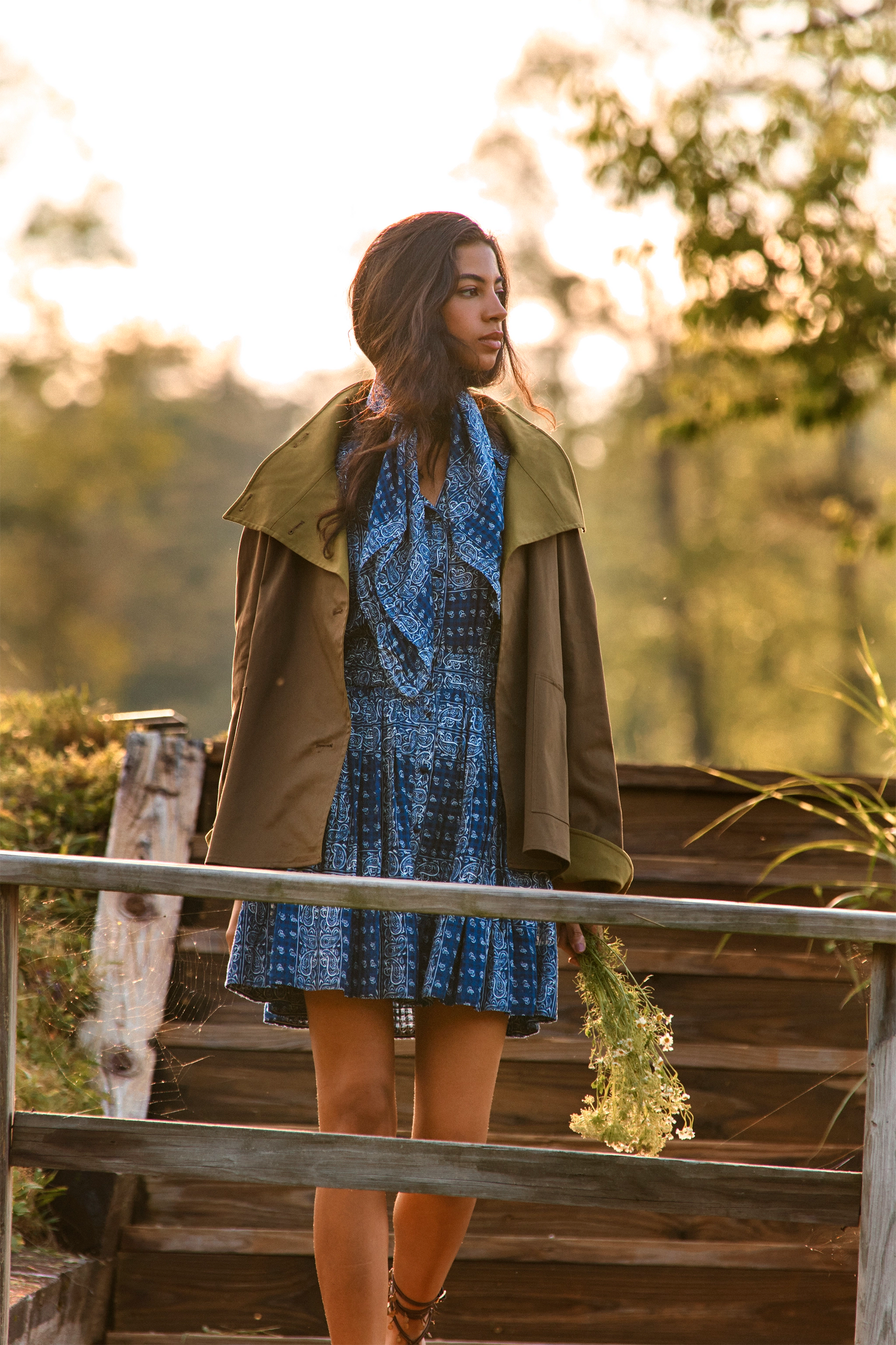 The Howard Dress in Inkwell Paisley paired with the Howell Trench in Khaki Brown. 