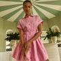 Pink and thin green striped mini dress with elastic waist and shirred skirt