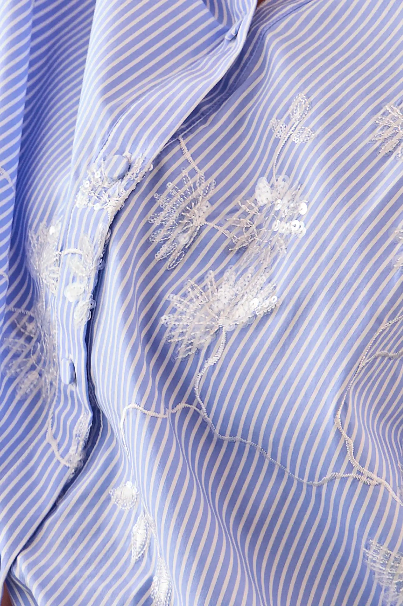 Close up of the Hudson Shirt, embroidered striped shirt, in Sullivan Stripe.