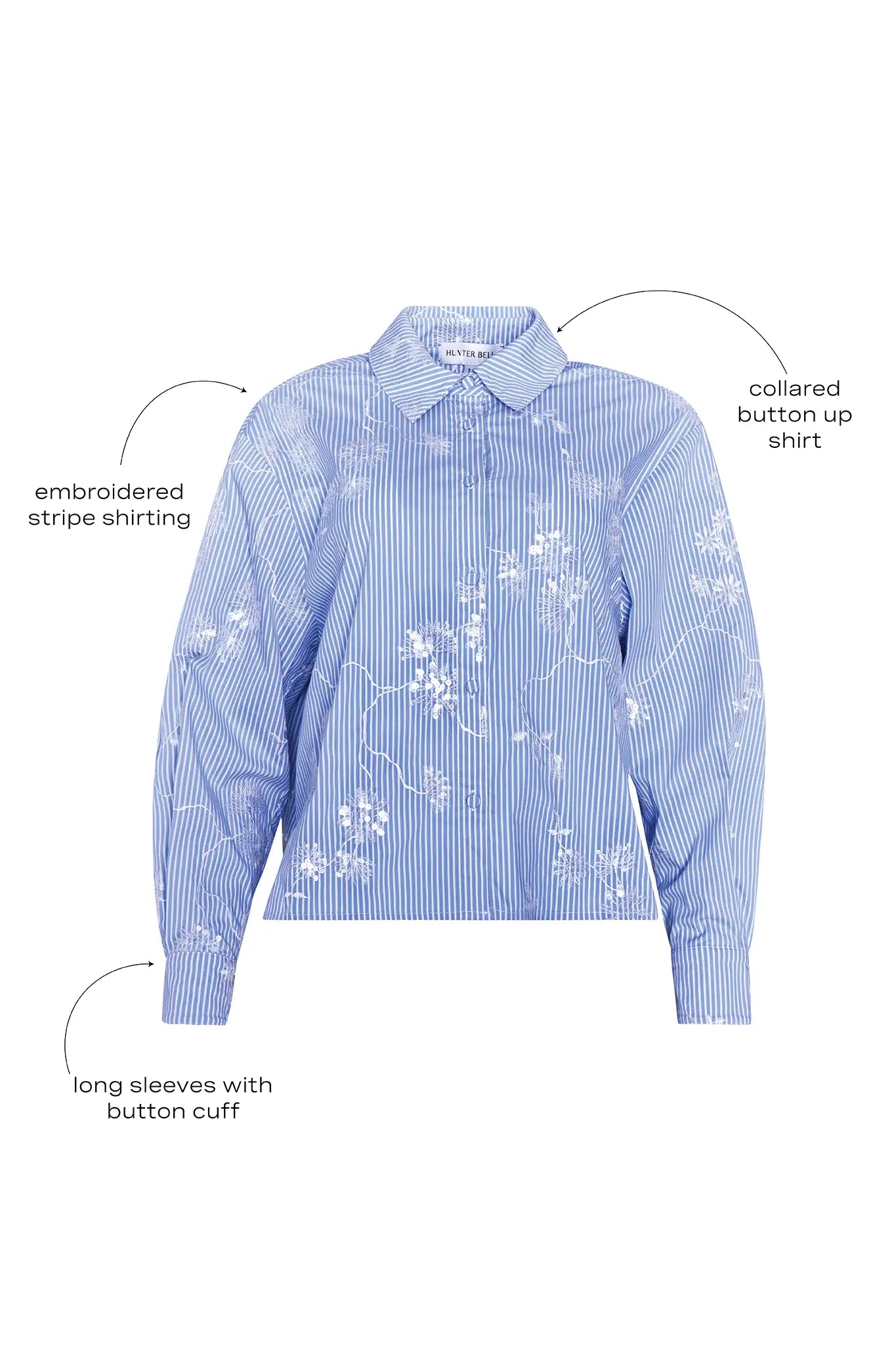 The Hudson Shirt, embroidered striped shirt, in Sullivan Stripe with call outs.