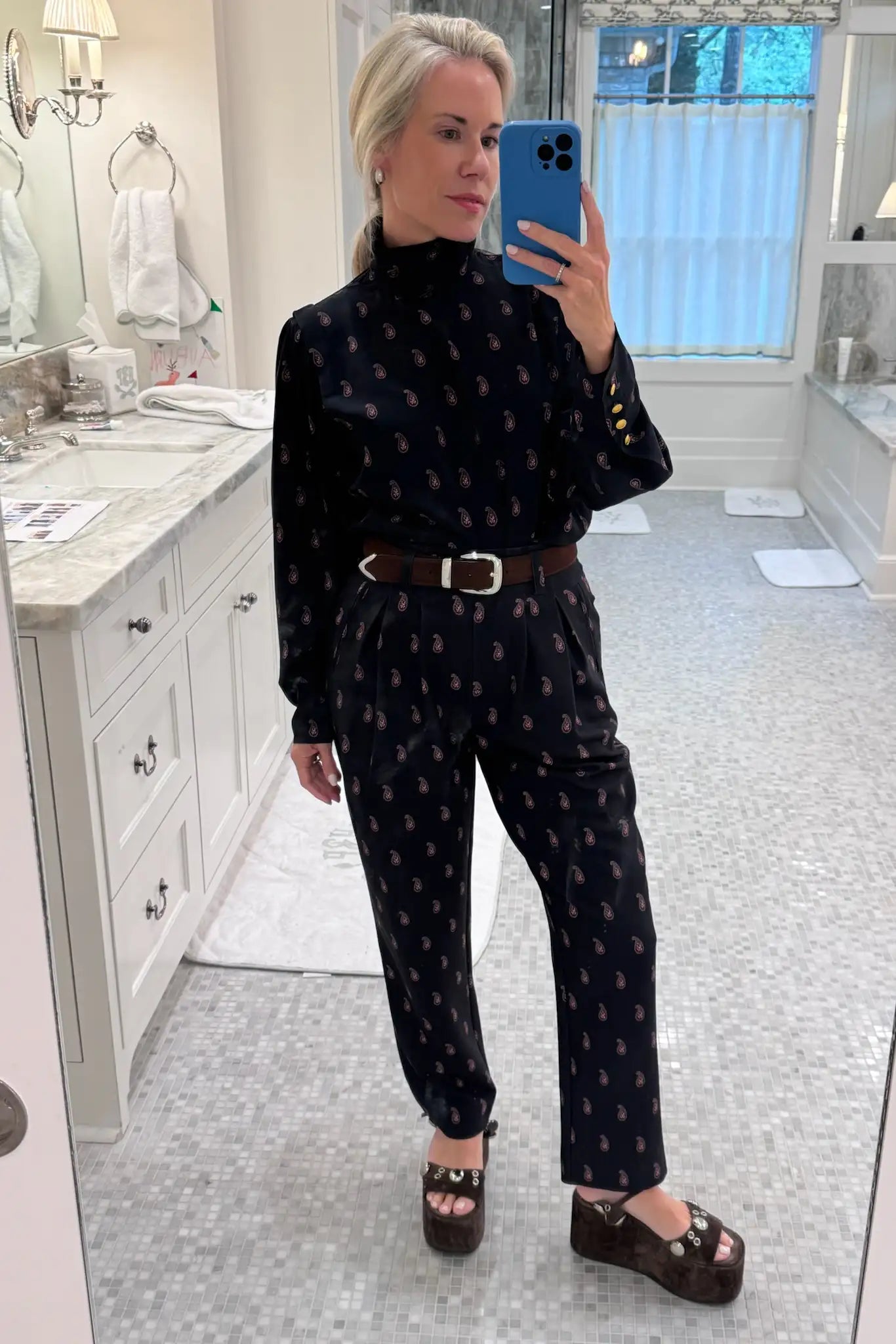 Hunter in the Ellerie Top and Whitton Pant in Paisley Posey.
