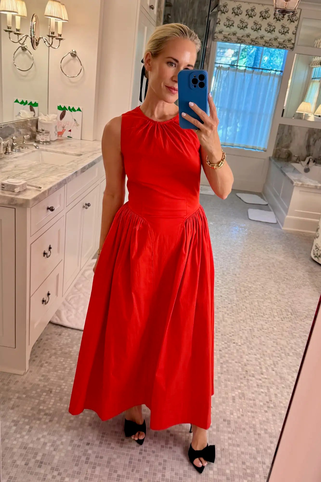 Hunter in the Nantucket Dress in Crimson Red.