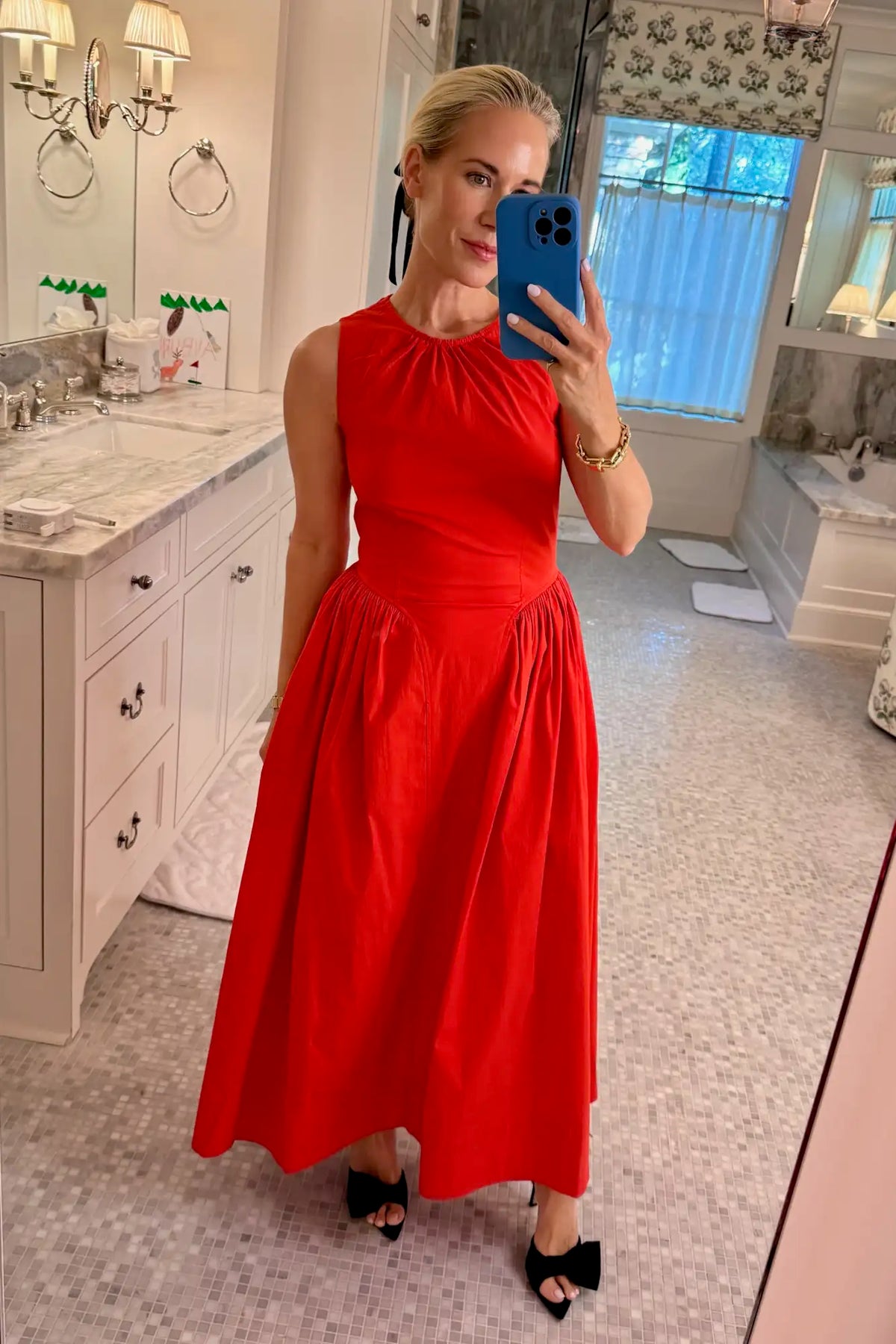 Hunter in the Nantucket Dress in Crimson Red.