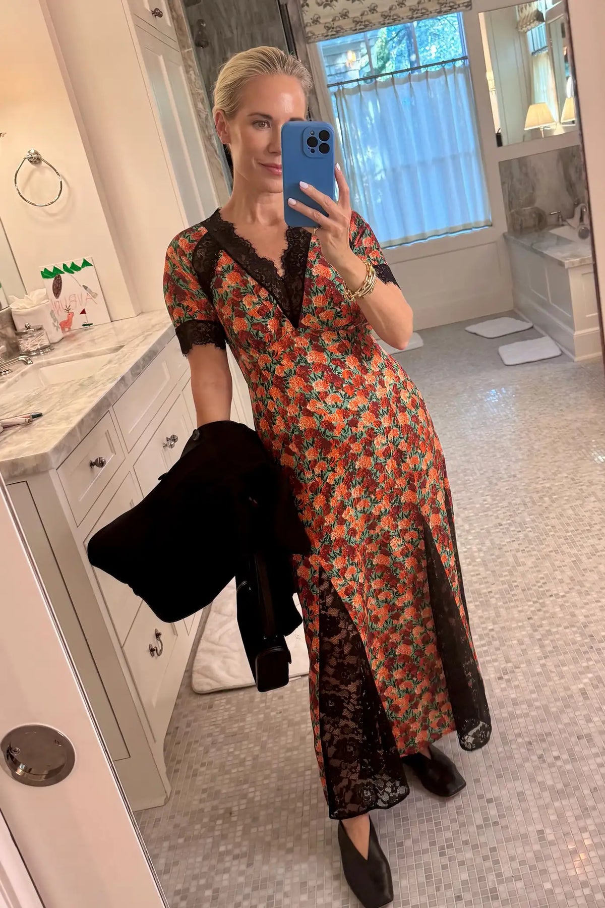 Hunter in the Vela Dress in Crimson Blossom.