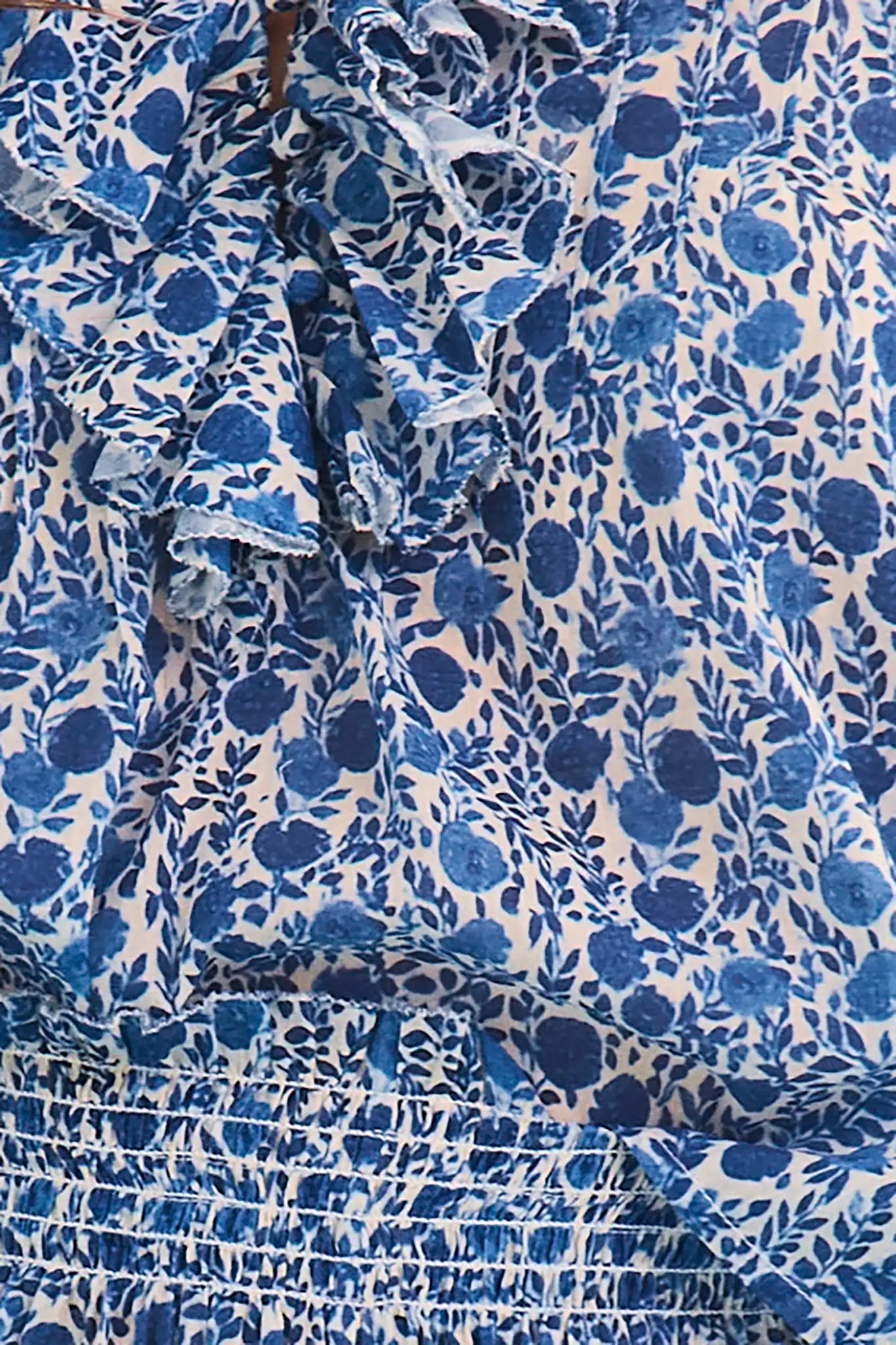 Close up of the Imogen Blouse in Bermuda Blooms. 