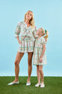 The Imogen Blouse in Pink Trellis paired with matching Jemma Shorts with matching kids set.