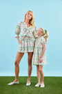 Kids Jenkins Dress, puff sleeve dress, in Pink Trellis shown here with matching  women's set.