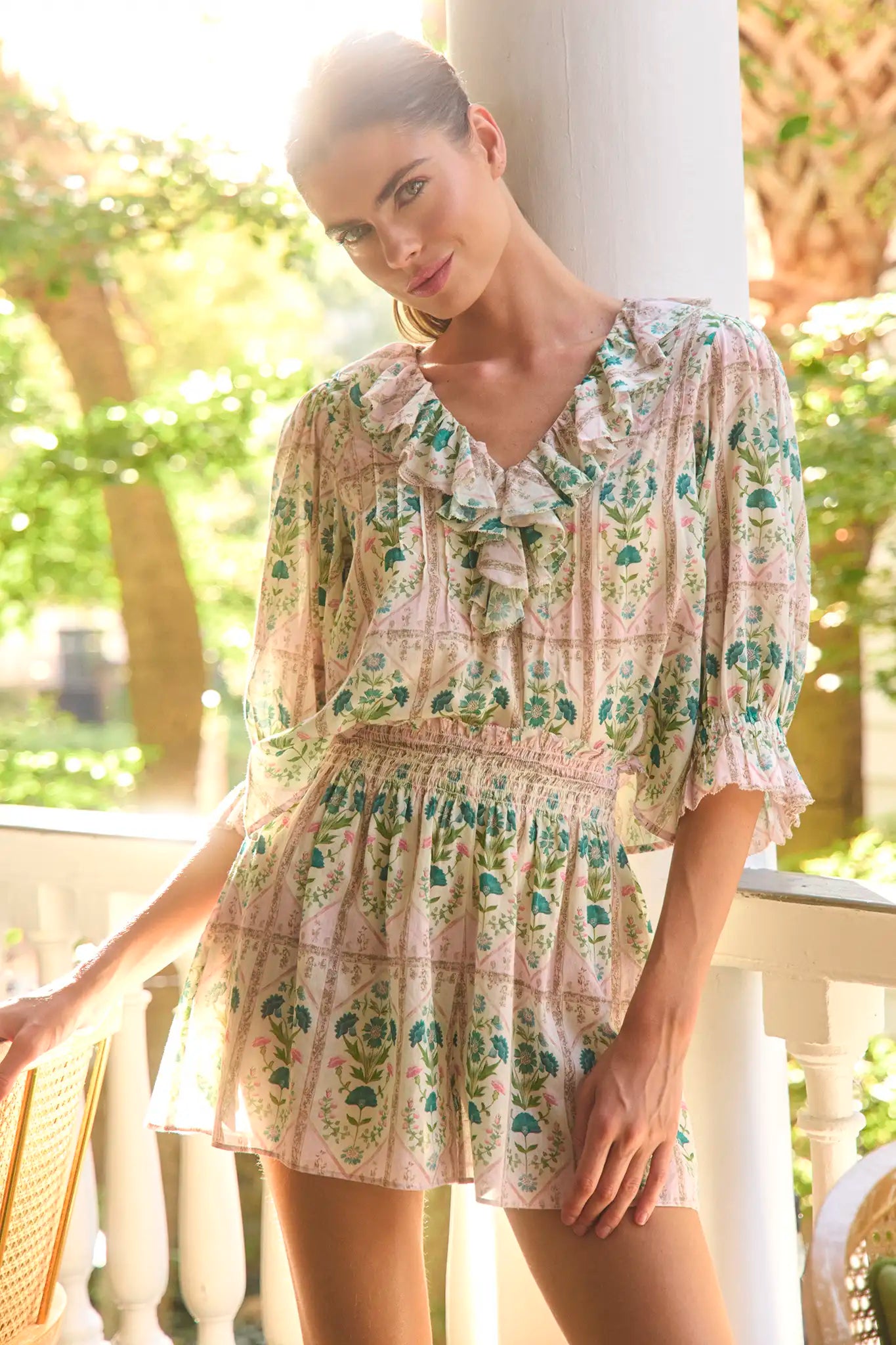 The Jemma Shorts in Pink Trellis paired with matching Imogen Blouse.