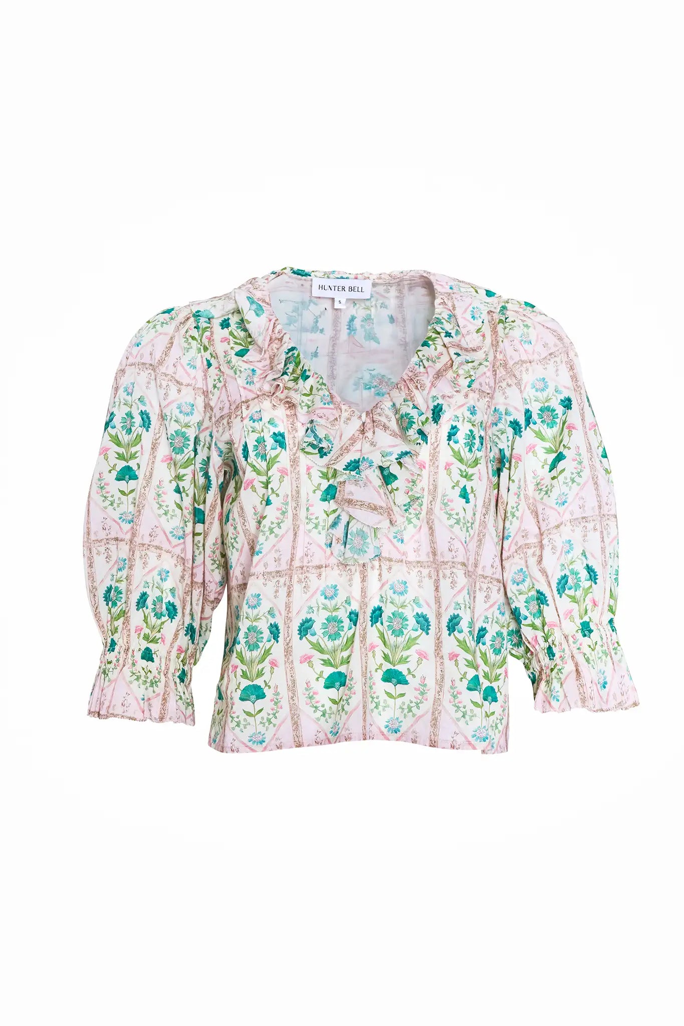 The Imogen Blouse, cotton voile ruffle blouse, in Pink Trellis.
