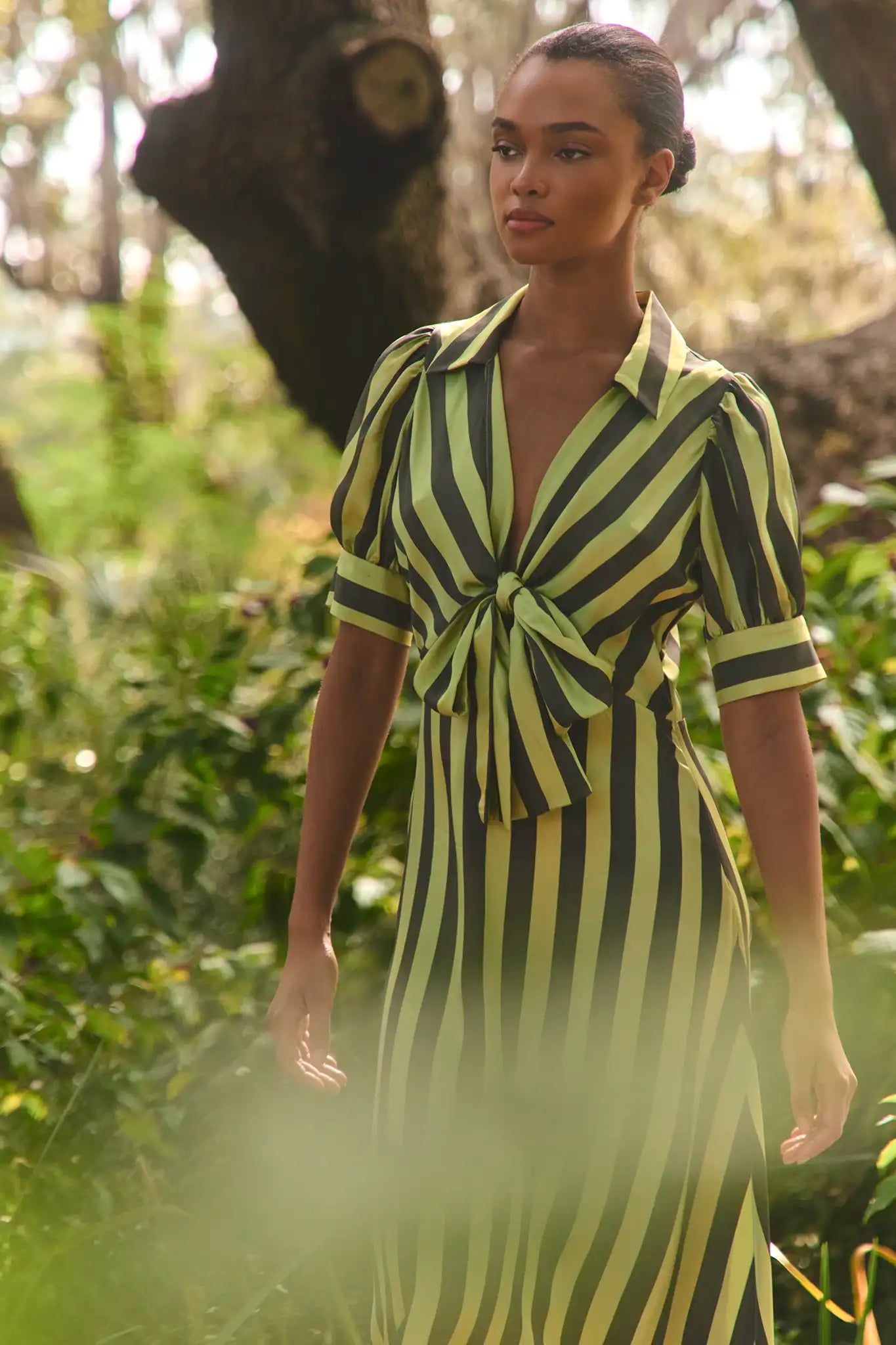 The Iris Dress, tie front blouse, in Evergreen Stripe.