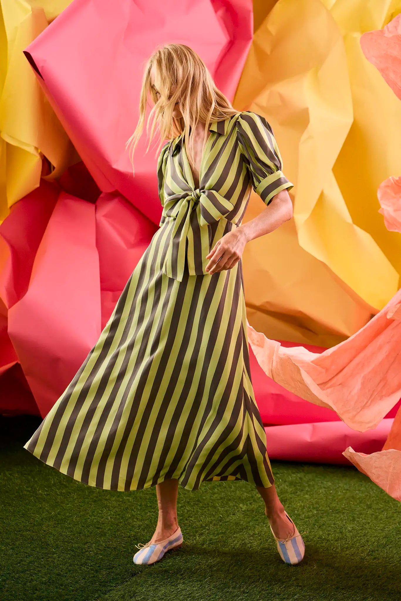 The Iris Dress, tie front blouse, in Evergreen Stripe.