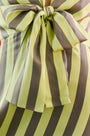 Close up of the Iris Dress, tie front blouse, in Evergreen Stripe.
