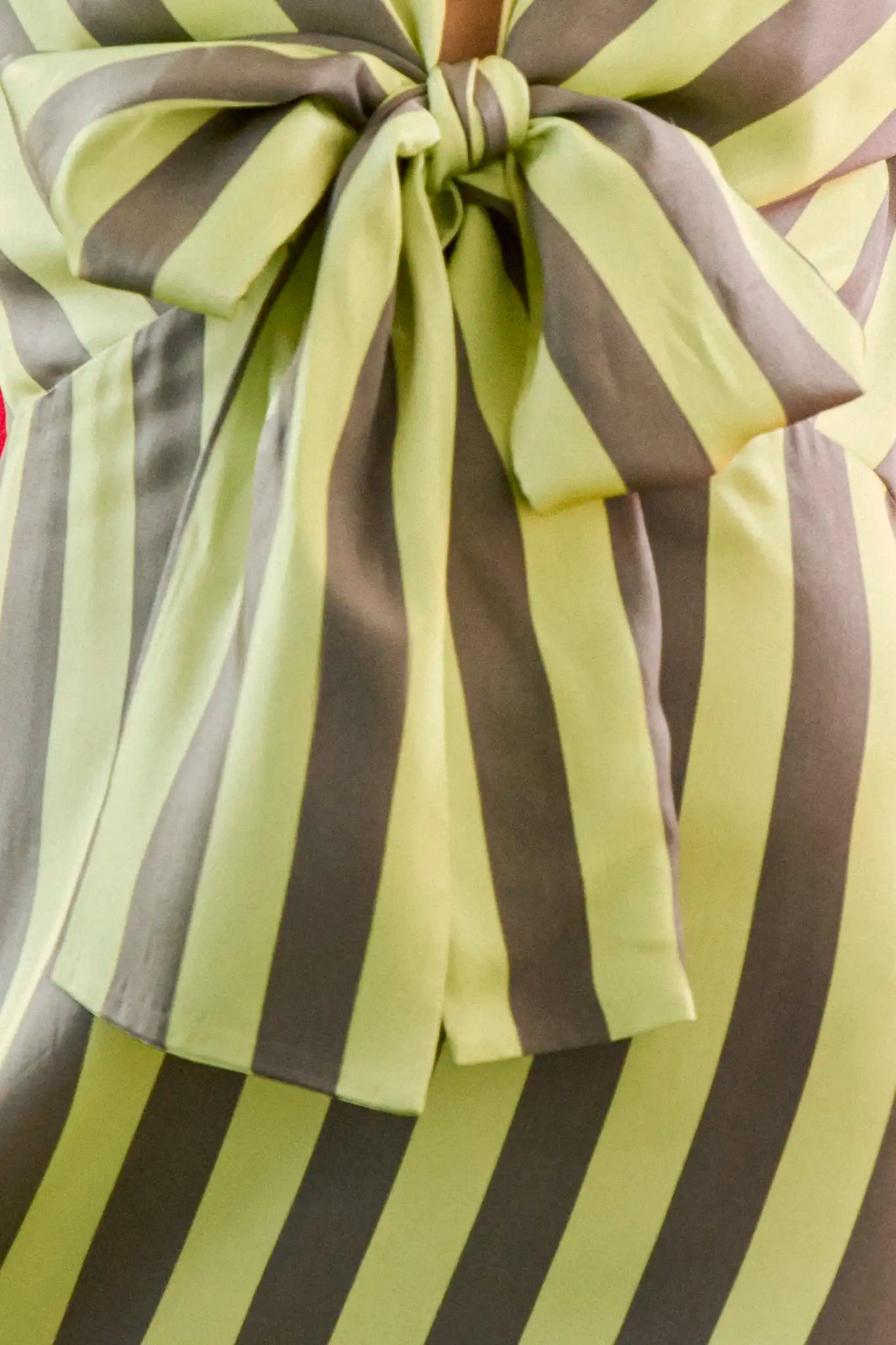 Close up of the Iris Dress, tie front blouse, in Evergreen Stripe.