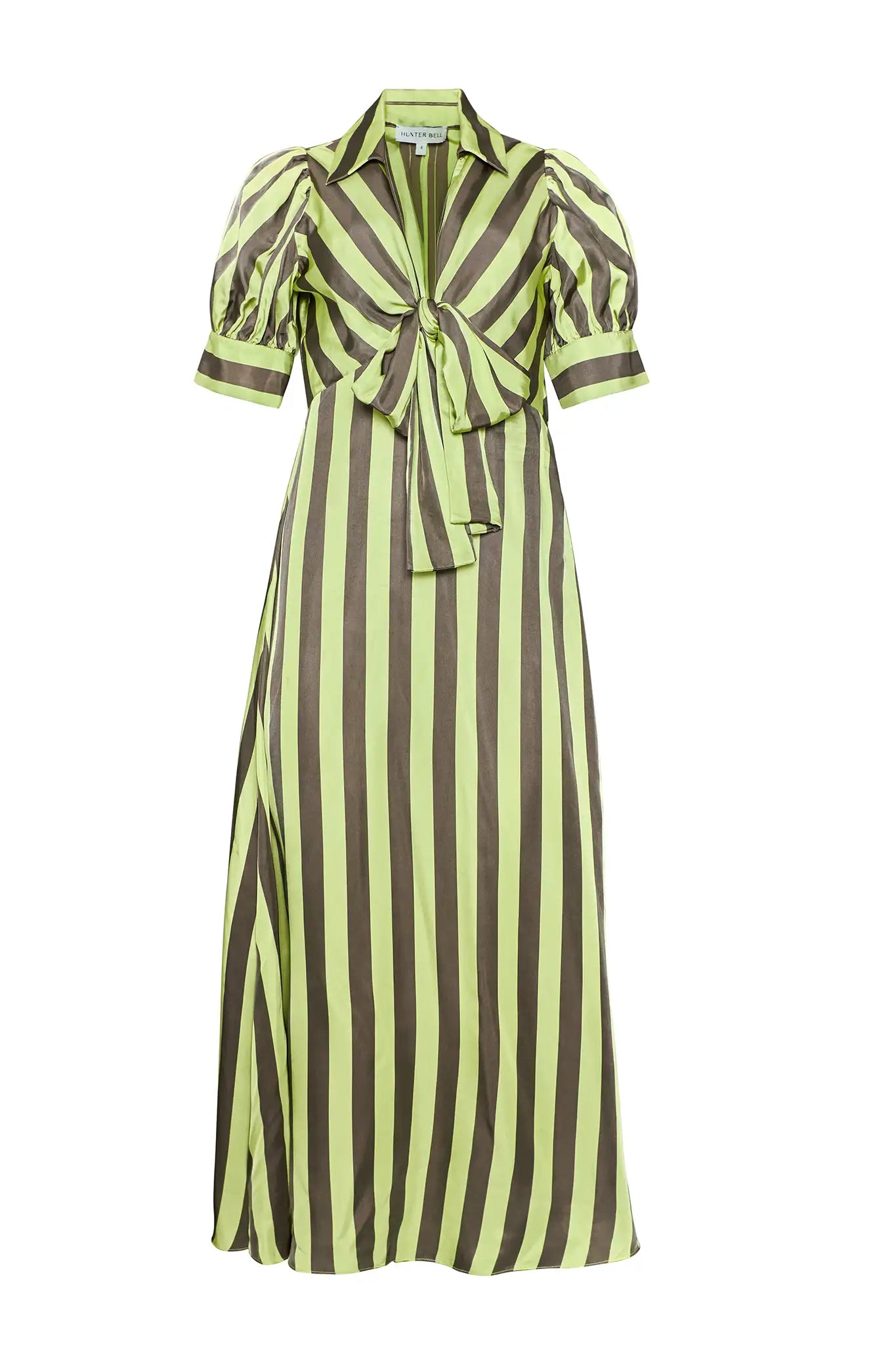 The Iris Dress, tie front blouse, in Evergreen Stripe.