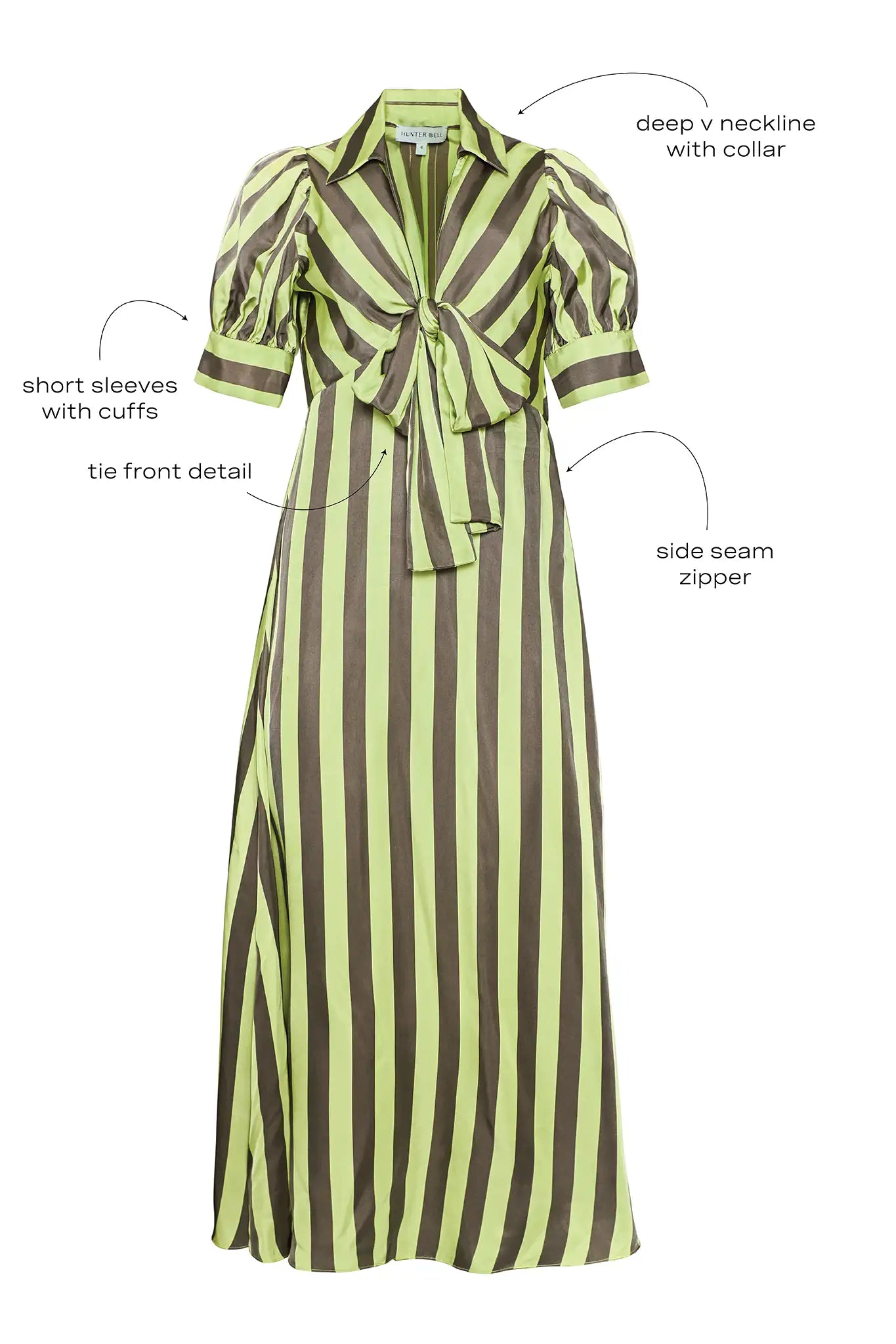 The Iris Dress, tie front blouse, in Evergreen Stripe.