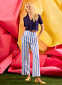 The Juno Pant in Sailing Stripe paired with Banff Sweater Top on model 