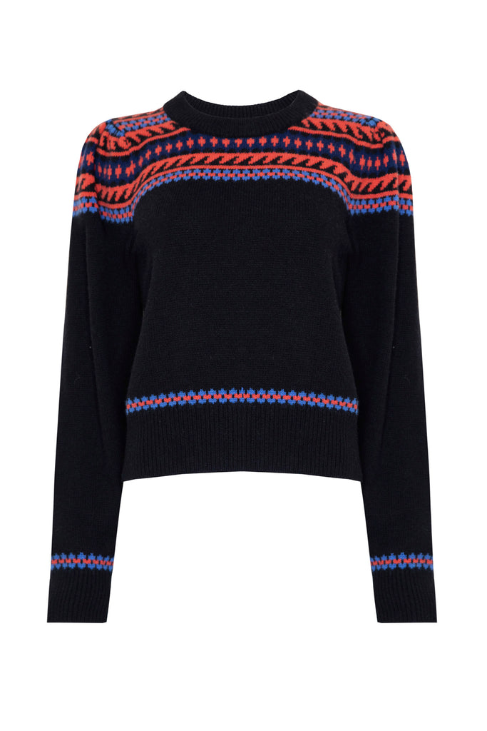 The Jackie fair isle sweater has a ribbed crew neckline and puff sleeves with ribbed cuffs.