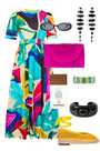 Midi dress in colorful print including pink, green, pink and black with side bodice cut-outs
