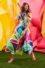 Midi dress in colorful print including pink, green, pink and black with side bodice cut-outs