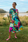 Midi dress in colorful print including pink, green, pink and black with side bodice cut-outs
