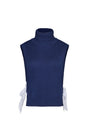 Navy wool blend turtleneck with an open side seam with embroidered eyelet ties.