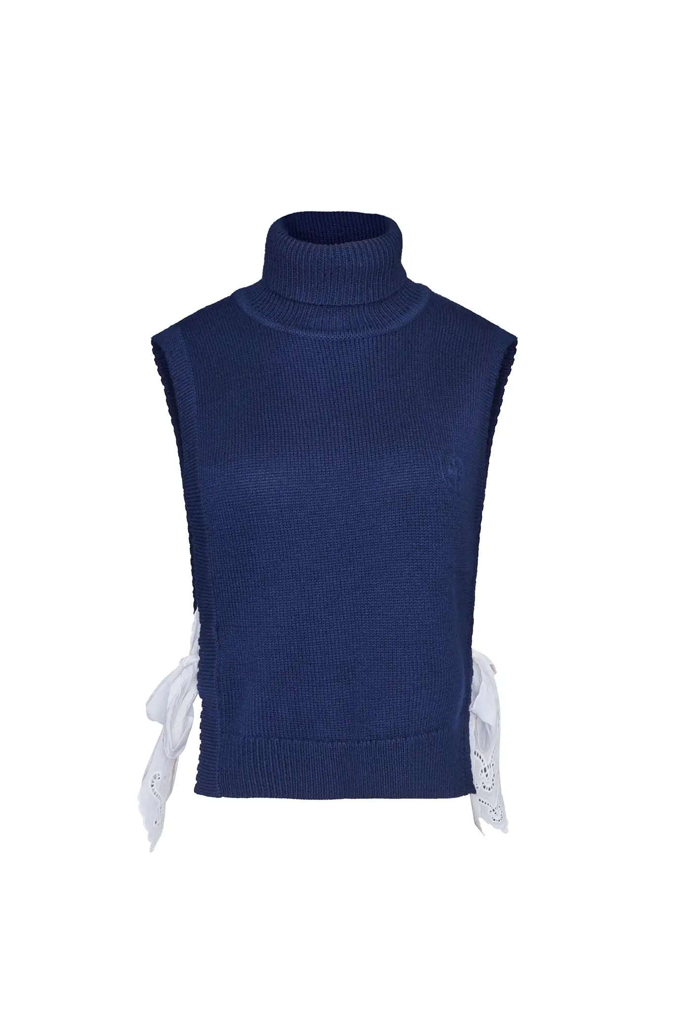 Navy wool blend turtleneck with an open side seam with embroidered eyelet ties.