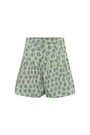 Stretch sateen pleated shorts with a banded waist in Navy Bird Block print.