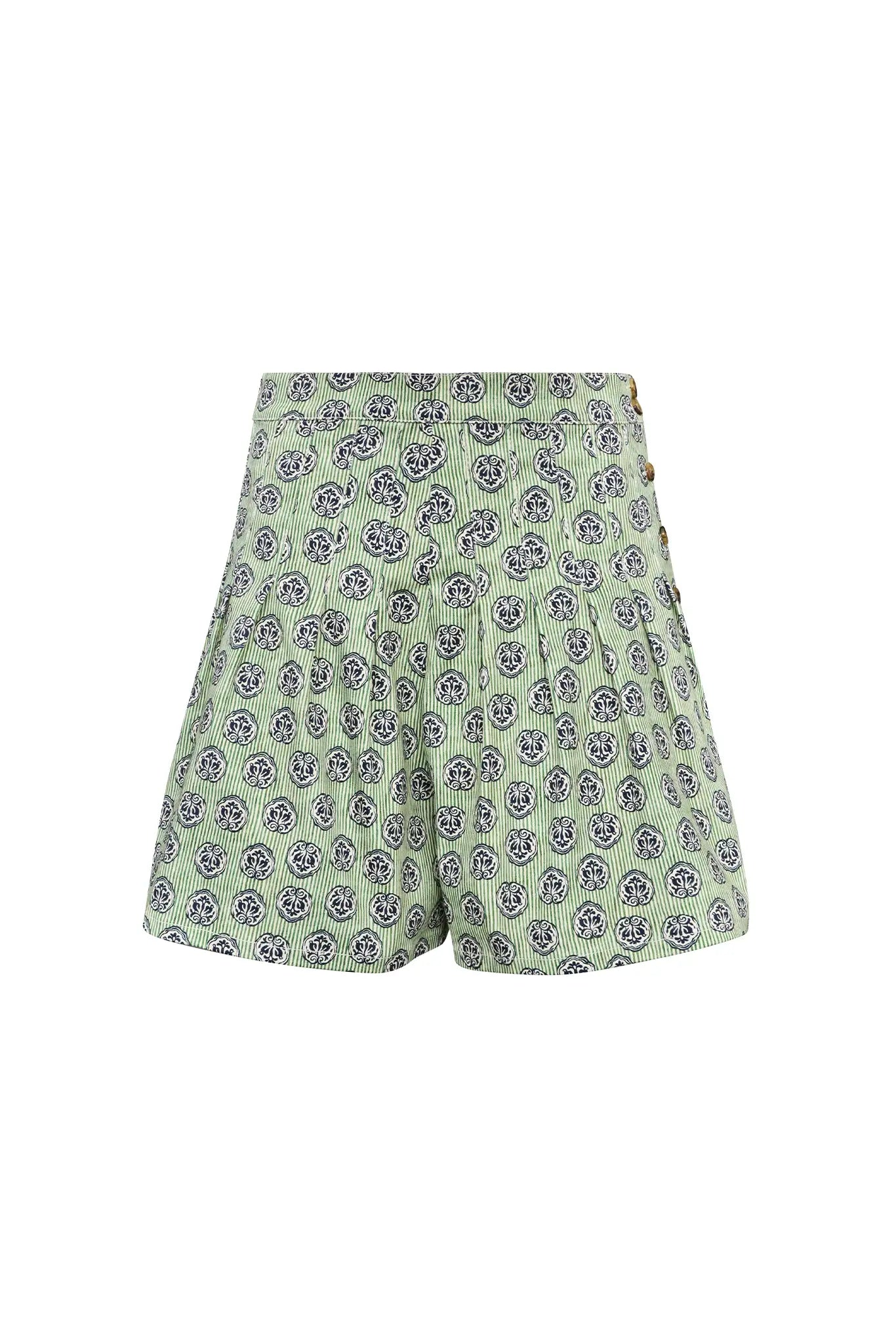 Stretch sateen pleated shorts with a banded waist in Navy Bird Block print.