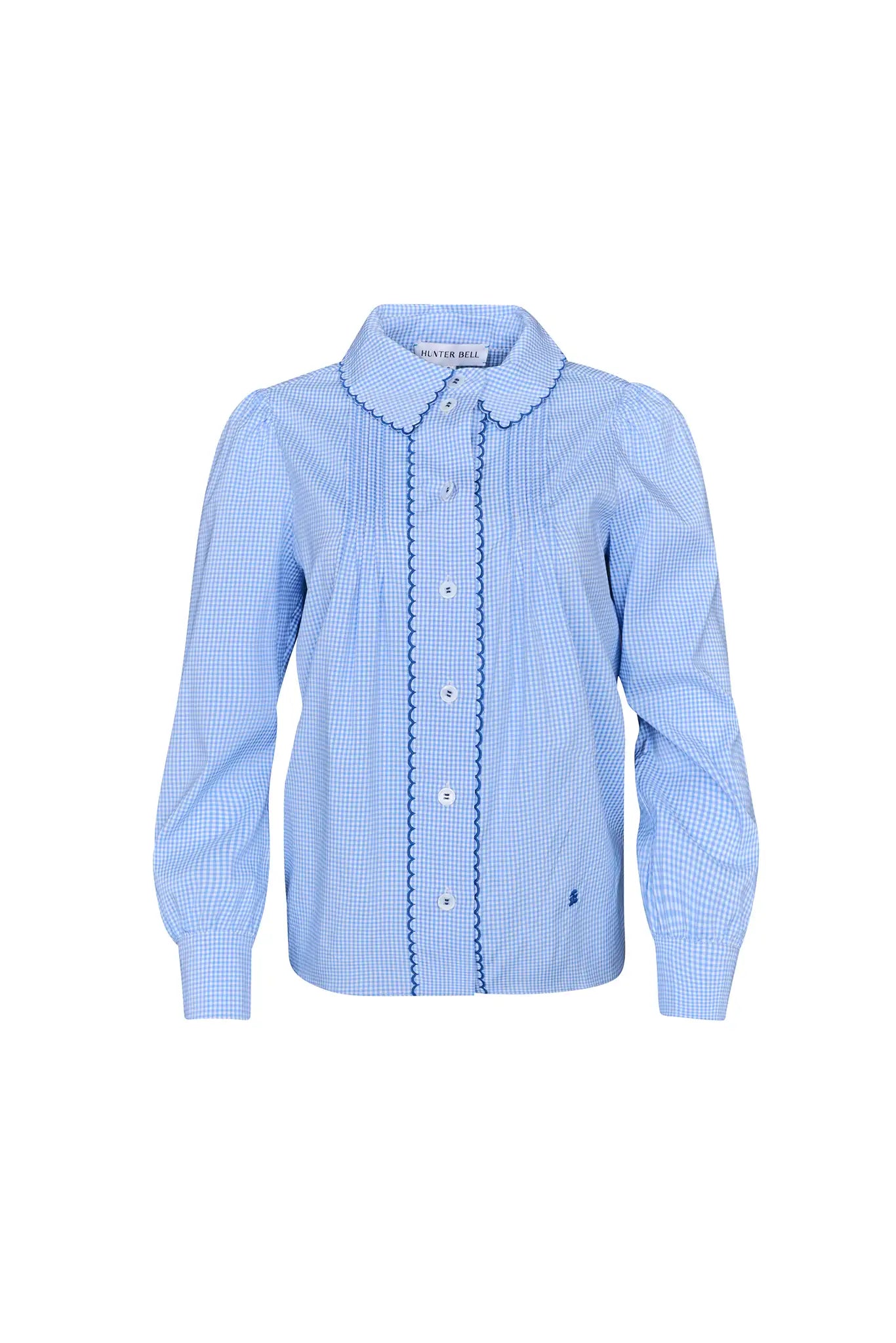 Blue and white gingham button down with a button front placket, shoulder puffing, and pintuck detail