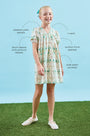 Kids Jenkins Dress, puff sleeve dress, in Pink Trellis with call outs.
