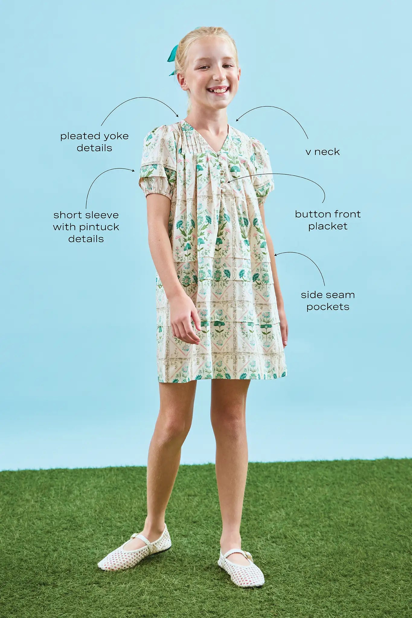 Kids Jenkins Dress, puff sleeve dress, in Pink Trellis with call outs.