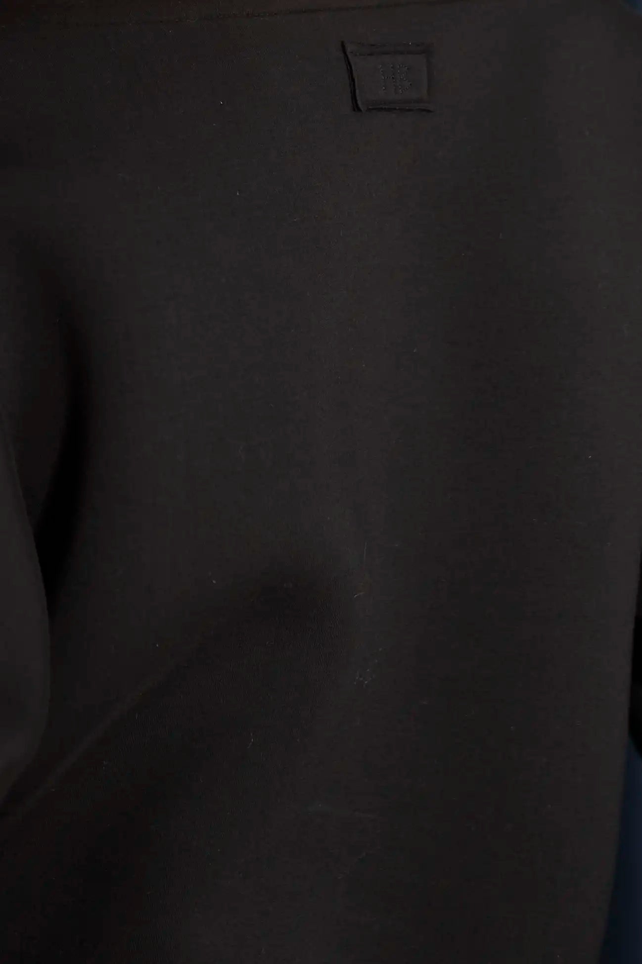 The Jennie Sweatshirt is a structured scuba in deep Onyx with pleated long sleeves.