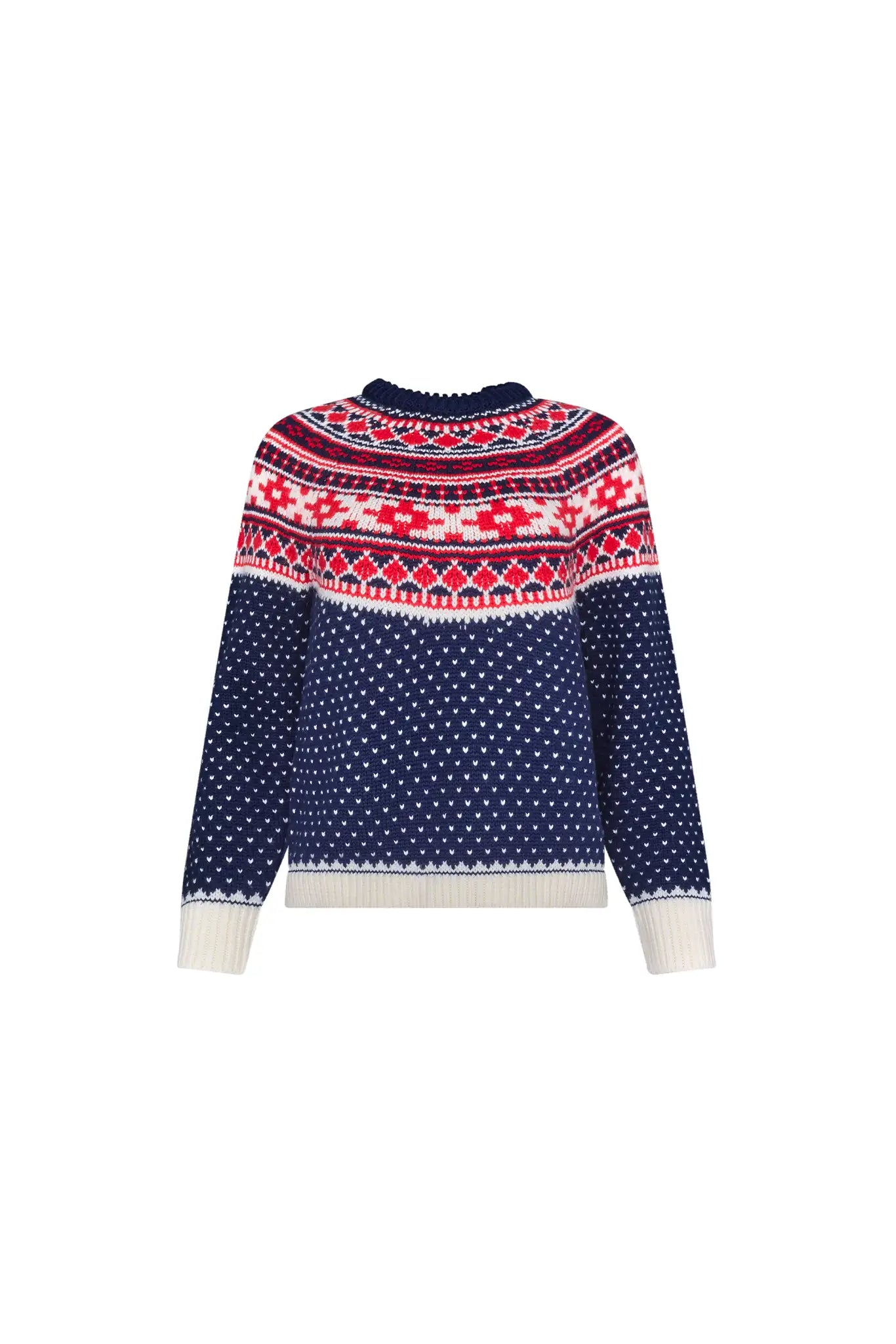 The Josie Sweater in St. Moritz Fair Isle has a ribbed crew neckline and long raglan sleeves.