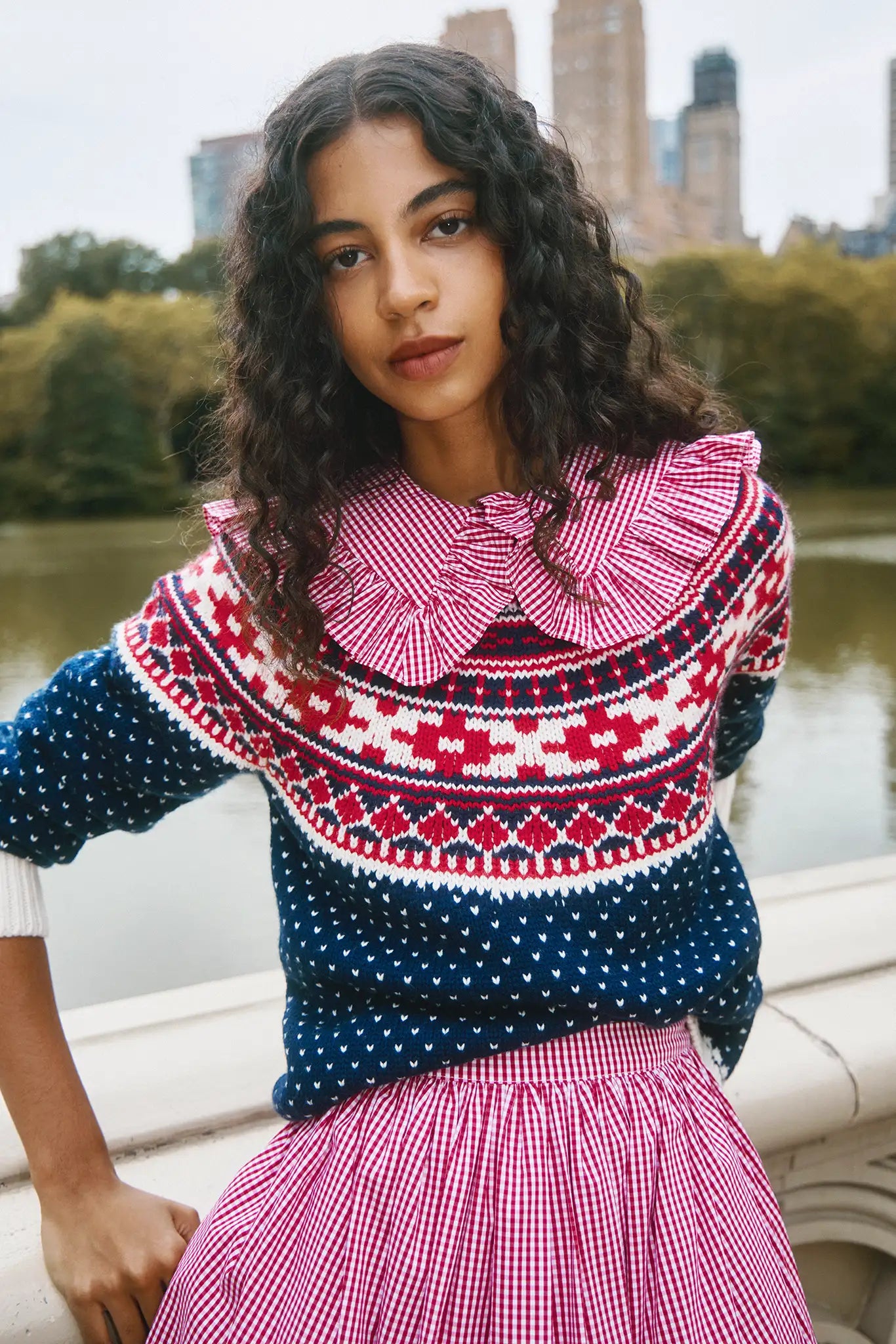 The Josie Sweater in St. Moritz Fair Isle has a ribbed crew neckline and long raglan sleeves.