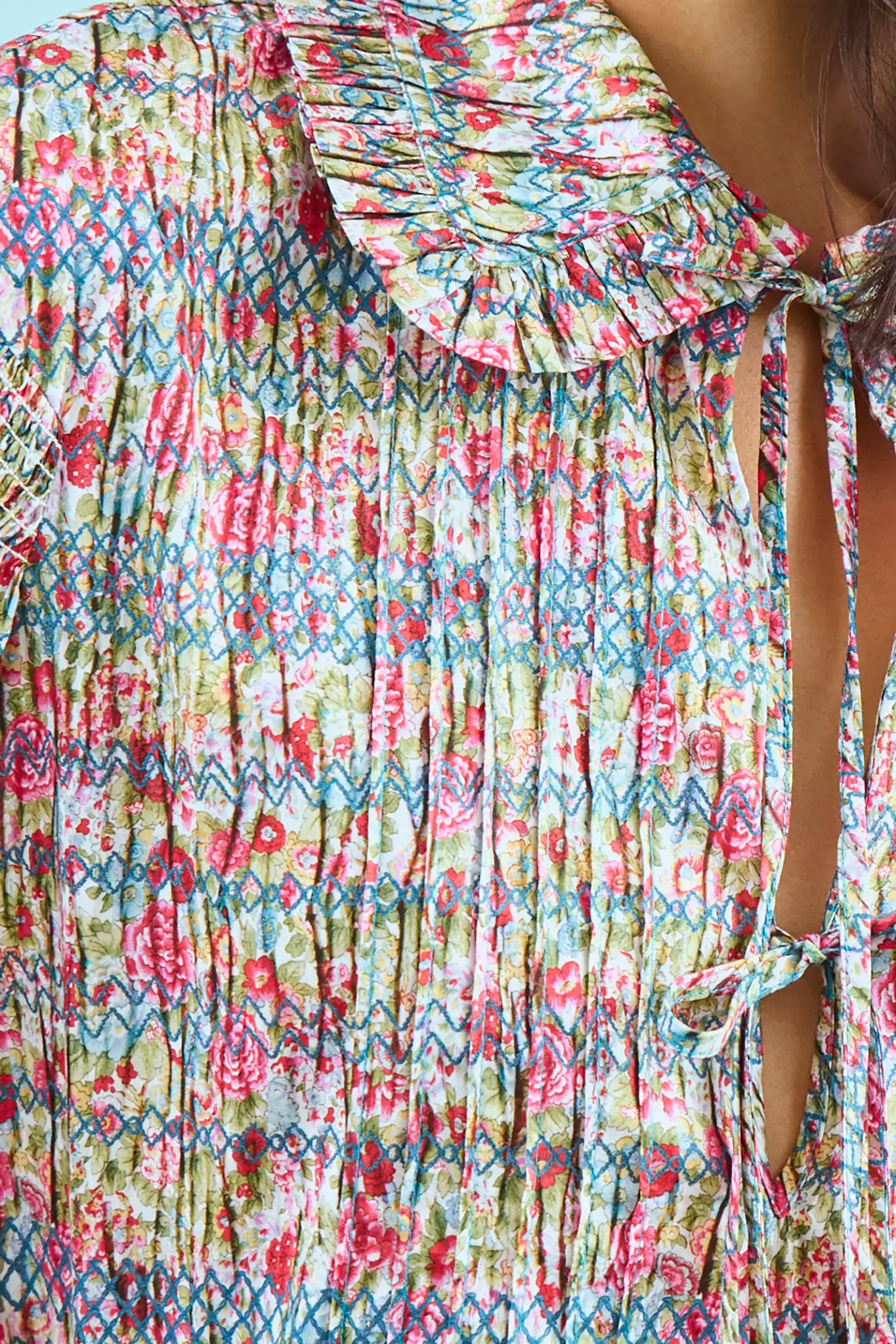Ruffle collar top with ties at neckline and sleeves in liberty fabric print 