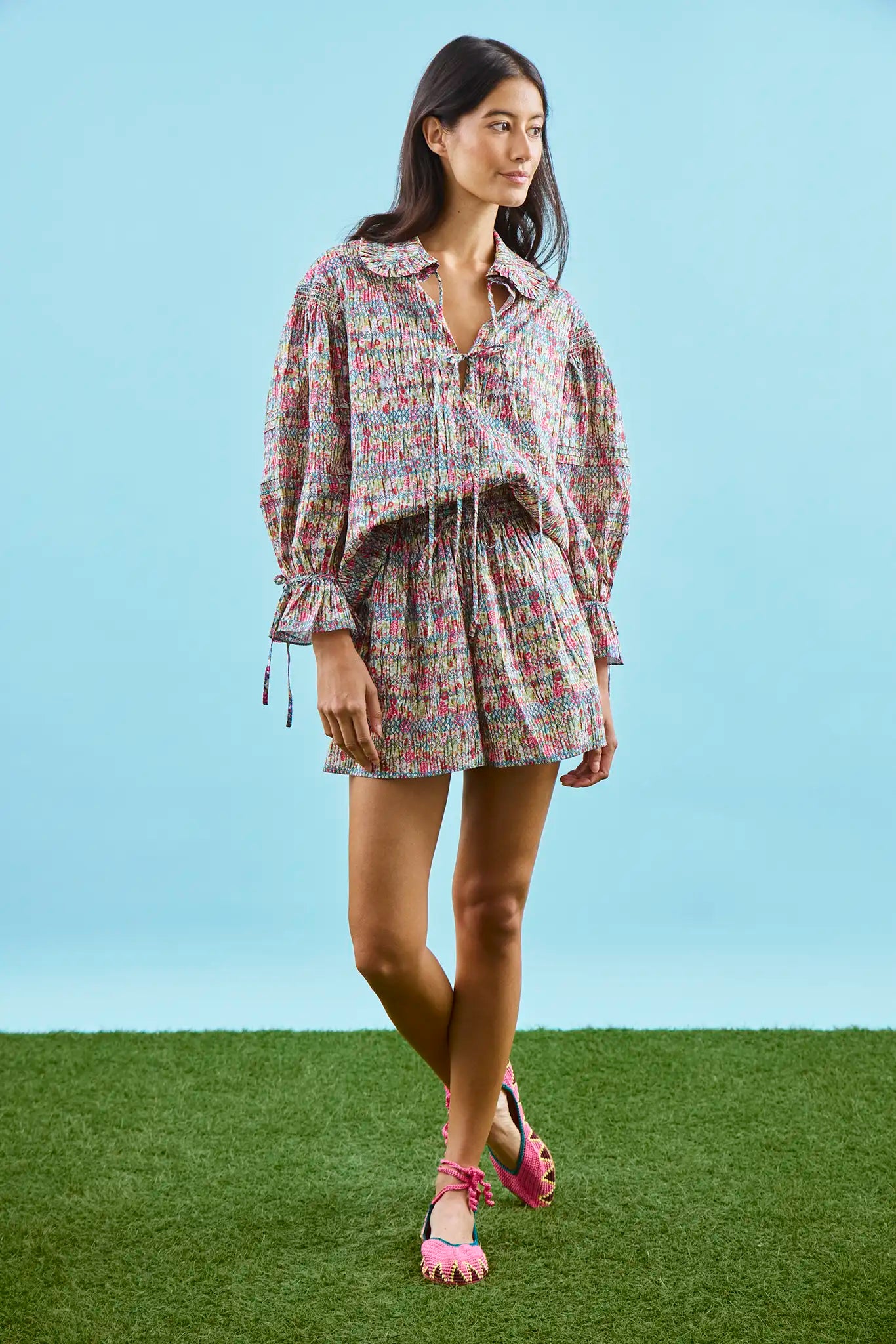Ruffle collar top with ties at neckline and sleeves in liberty fabric print 