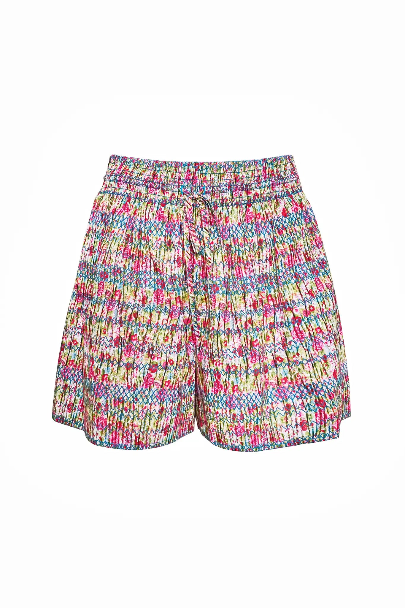 These Lura Shorts have a smocked waist and adjustable tie, made with Liberty Fabric.