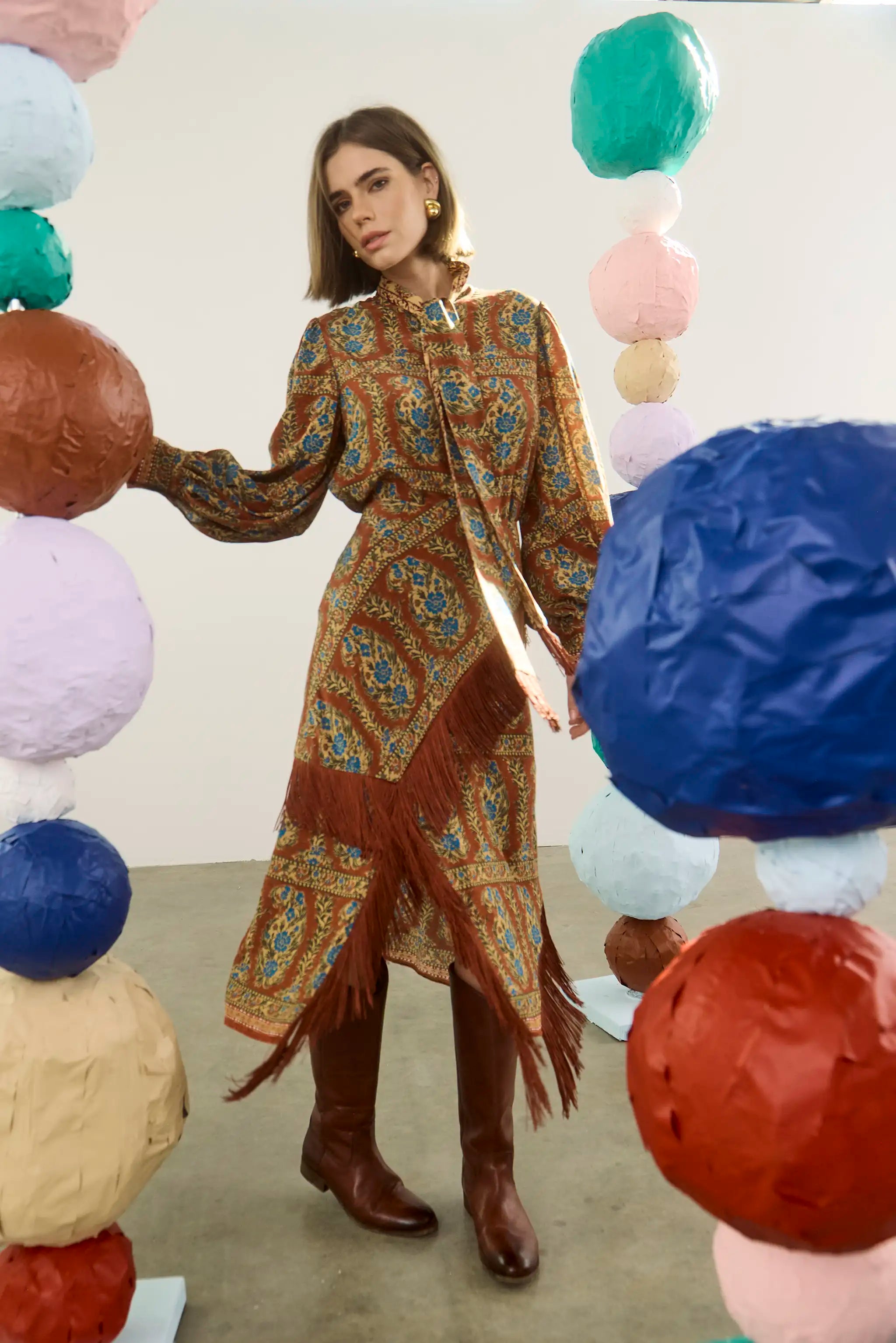 The Allyne Skirt in Amber Glen Brown paired with the matching Karis Blouse. 