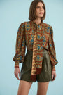 The Karis Blouse in Amber Glen Brown paired with Ashton Short in pine grove. 